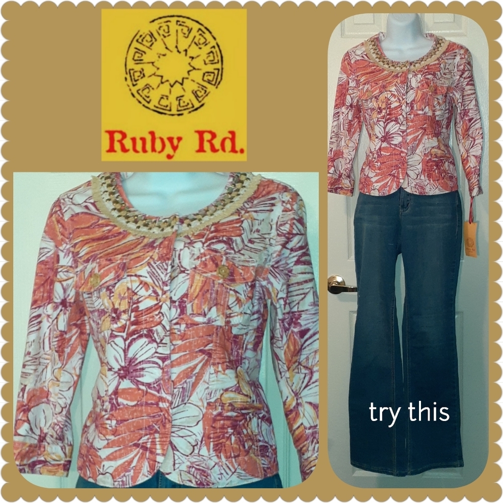 Ruby Rd.  Red/White Floral Jacket with Jewels